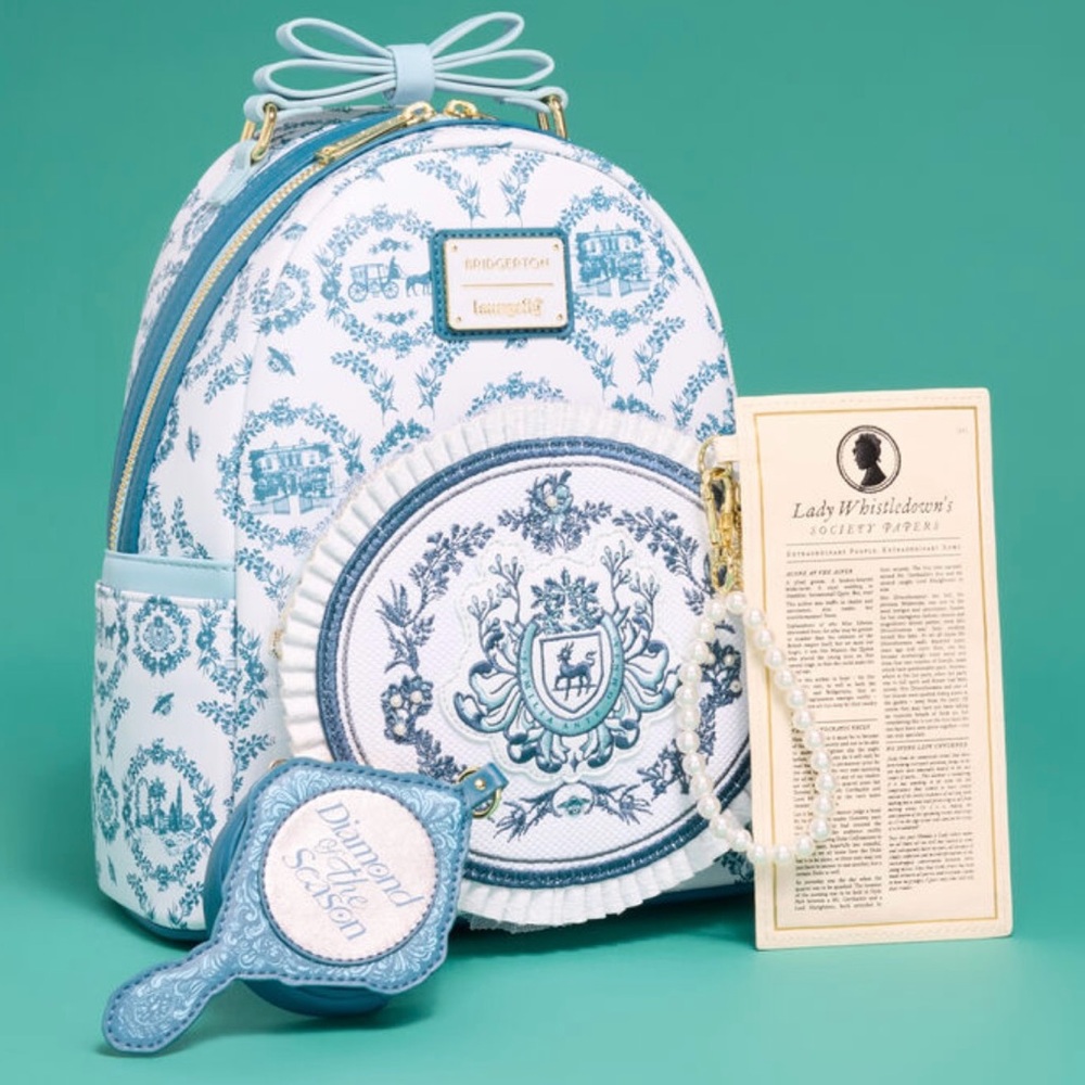Loungefly Blue and White Bridgerton backpack and Lady Whistledown society paper